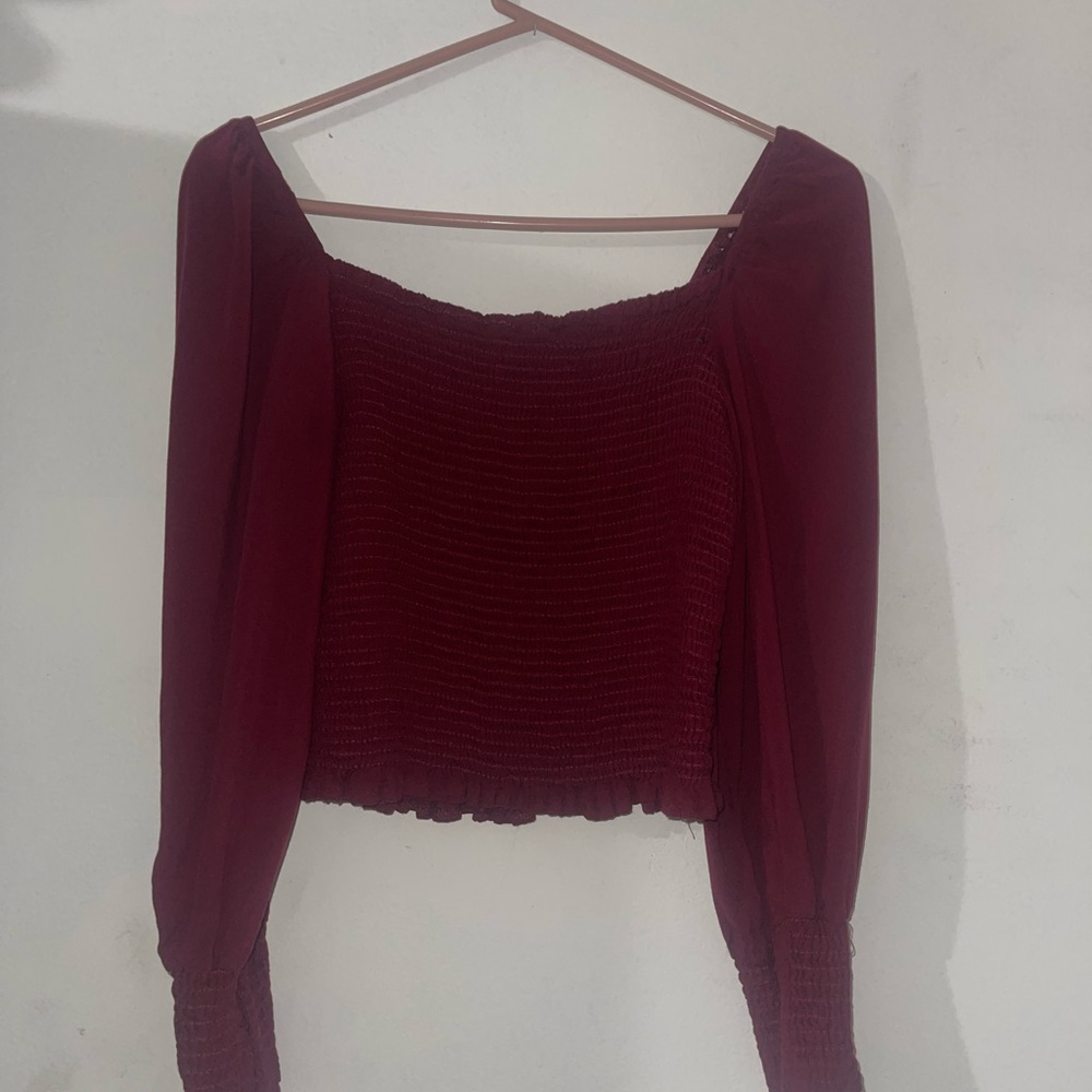 Red Fitted Crop Blouse with Long Sleeves